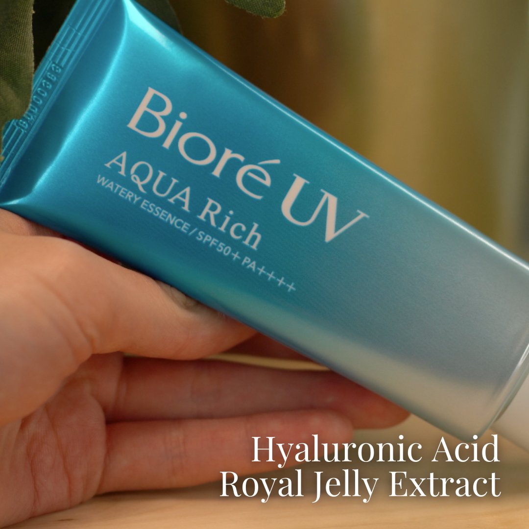 Photograph of Biore Aqua Rich Watery Essence Sunscreen SPF 50+ PA++++ with key ingredients labelled