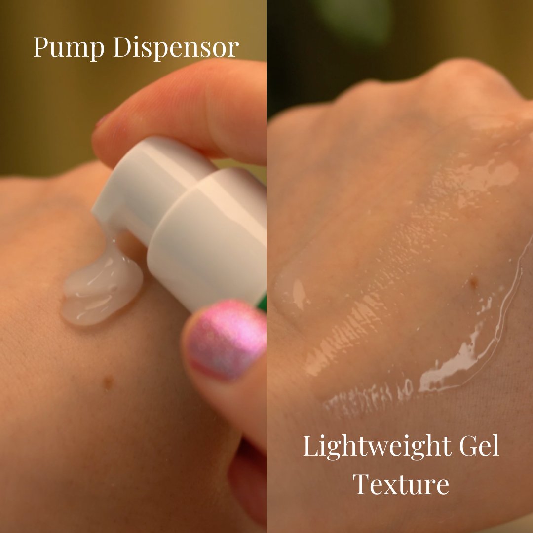 Photograph collage showing the texture of the Axis Y Dark Spot Correcting Glow Serum when pumped from the tube and when applied onto the skin